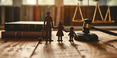 A miniature figurine of a family holding hands next to a judge's gavel. Can be used to represent unity, justice, and family values. Suitable for legal and family-related concepts - obrazy, fototapety, plakaty