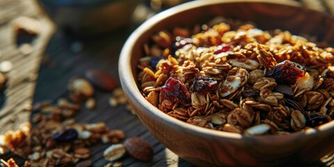 A simple and delicious bowl of granola placed on a rustic wooden table. Perfect for breakfast or a healthy snack option. - 699461653