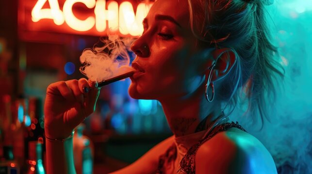 A woman is seen smoking a cigarette in a bar. This image can be used to depict nightlife, socializing, or addiction