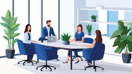 Obraz premium A group of professionals sitting around a table, brainstorming ideas. They could be looking at a whiteboard, sketching on paper, or simply talking to each other. The illustration could show the collab