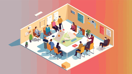 Isometric perspective: Show the brainstorming session from a unique angle, highlighting the spatial relationships between elements.