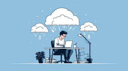 A professional working alone, brainstorming ideas. They could be sitting at their desk, working on a laptop, or simply doodling. The illustration could show the focus and determination of a single ind - obrazy, fototapety, plakaty
