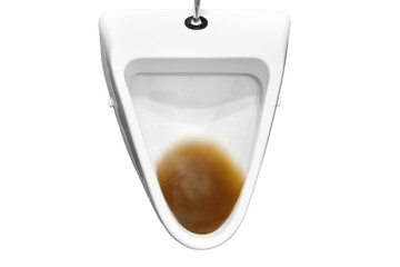 Dirty clogged urinal with water in the toilet of a restaurant, isolated on a white background. Disinfection and hygiene in toilets of public buildings