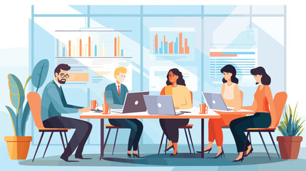 simple Vector Illustration art of Create a vector art depicting a young male and female startup team engaged in a high-energy discussion around a conference table strewn with charts, graphs, and digit