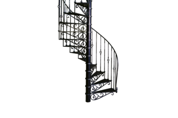 Retro cast iron spiral staircase on the background of an old wall and floor boards, isolated on a white background