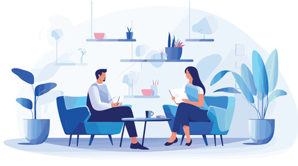 simple Vector Illustration art of Create an engaging vector illustration of a young male and female business team in a cozy startup lounge area, with a focus on relaxation and creative discussions. In