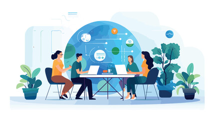 simple Vector Illustration art of Design a vector artwork featuring a young male and female startup founders conducting a virtual meeting with global team members. Showcase the integration of virtual