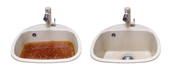 Clearing a blockage from a sink in the kitchen. Before and after fixing the blockage problem, isolated on a white background