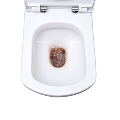 Blockage on modern home white toilet with dirty water, isolated on a white background