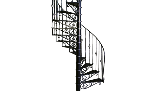 Retro cast iron spiral staircase on the background of an old wall and floor boards, isolated on a white background