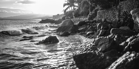 A black and white photograph of the ocean. Perfect for adding a touch of elegance to any project