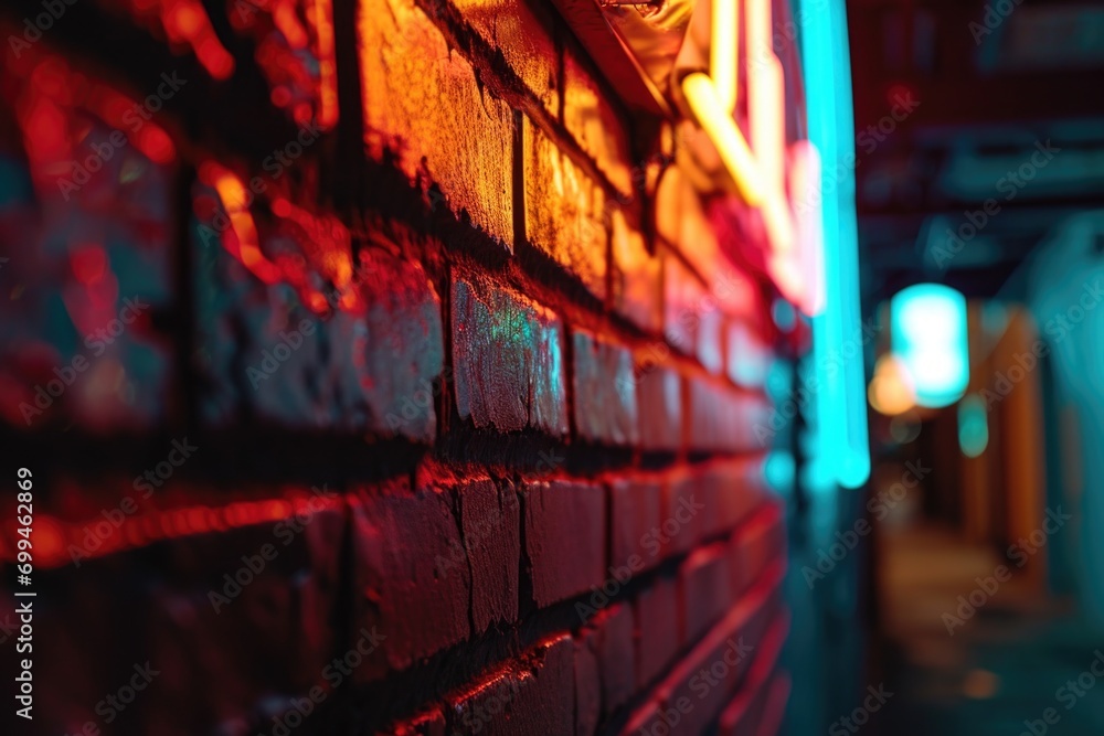 Poster A brick wall with a neon sign attached to it. Perfect for adding a unique touch to any space