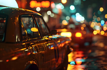 Glimmering Urban Nights: Rain-Glossed Taxi on the City Streets