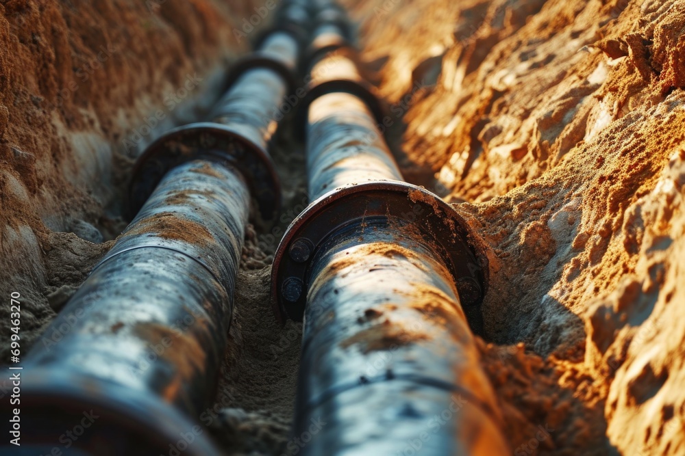 Poster A detailed view of a pipe partially buried in the dirt. This image can be used to depict construction, plumbing, or infrastructure projects