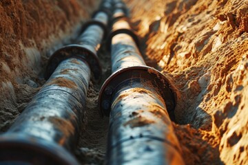 A detailed view of a pipe partially buried in the dirt. This image can be used to depict construction, plumbing, or infrastructure projects - obrazy, fototapety, plakaty