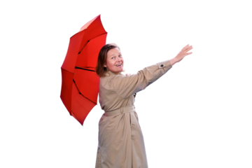 Adult woman with a red umbrella, isolated on a white background