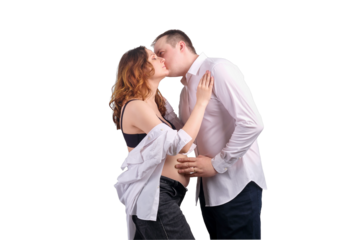 A couple of an adult pregnant woman and man kissing, isolated on a white background