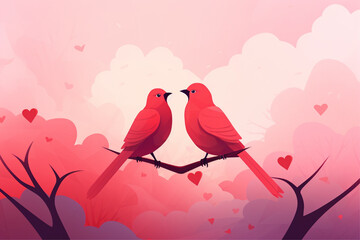 love birds love heart pink background red sky and clouds vector illustration