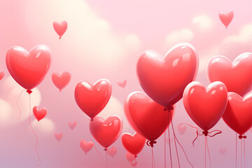 happy valentine's day background with pink helium balloons and hearts