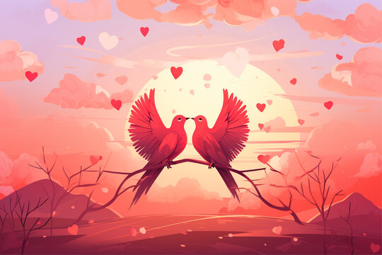 love birds love heart pink background red sky and clouds vector illustration