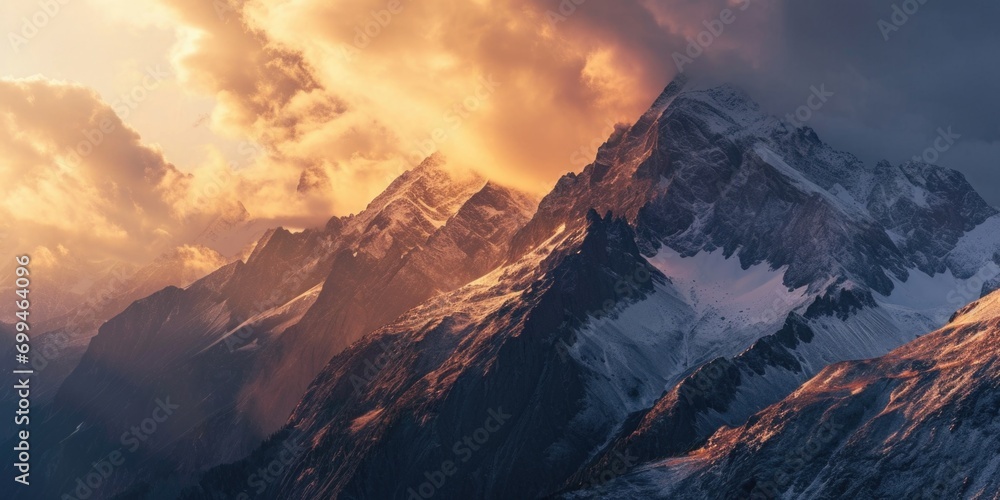 Aufkleber a picturesque view of a snow-covered mountain with clouds in the sky. ideal for nature and landscape