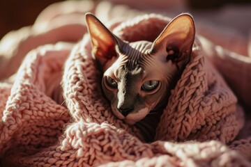 A cozy image of a cat wrapped up in a blanket on a bed. Perfect for illustrating comfort and relaxation.
