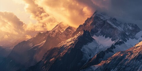 A picturesque view of a snow-covered mountain with clouds in the sky. Ideal for nature and landscape enthusiasts - Powered by Adobe