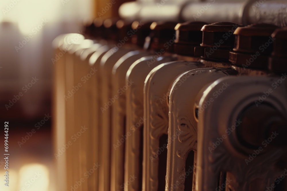 Poster a detailed close-up view of a radiator in a room. can be used to illustrate heating systems or inter
