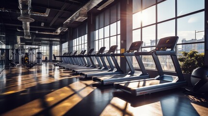 A photo of a interior of a modern fitness center gym club with a workout room with treadmills on a...