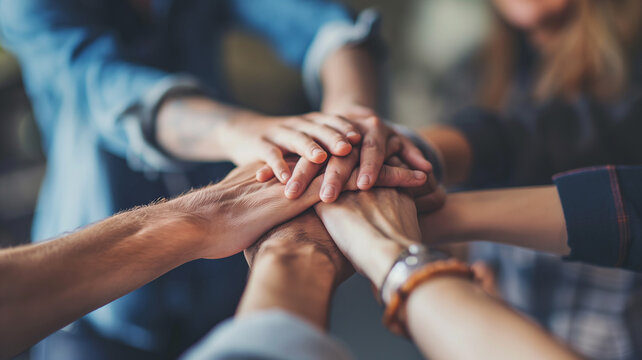 Teamwork and Collaboration, Colleagues Putting Hands Together in Office