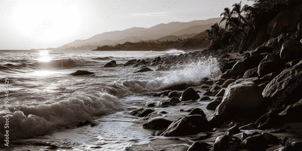 Aufkleber a captivating black and white photograph of the ocean. perfect for adding a touch of elegance and tr