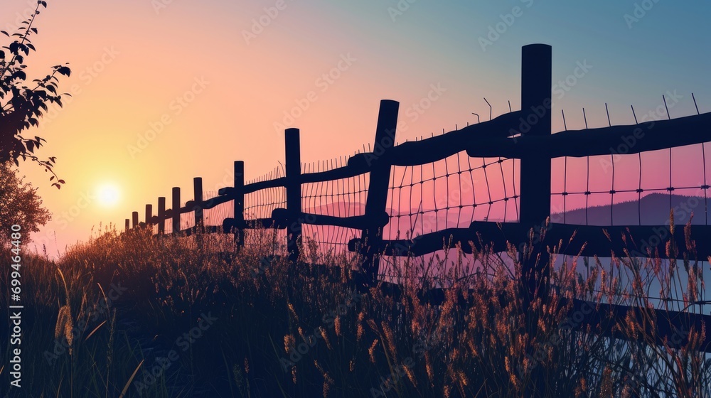 Aufkleber A beautiful sunset with a fence in the foreground. Perfect for adding a touch of tranquility to any project