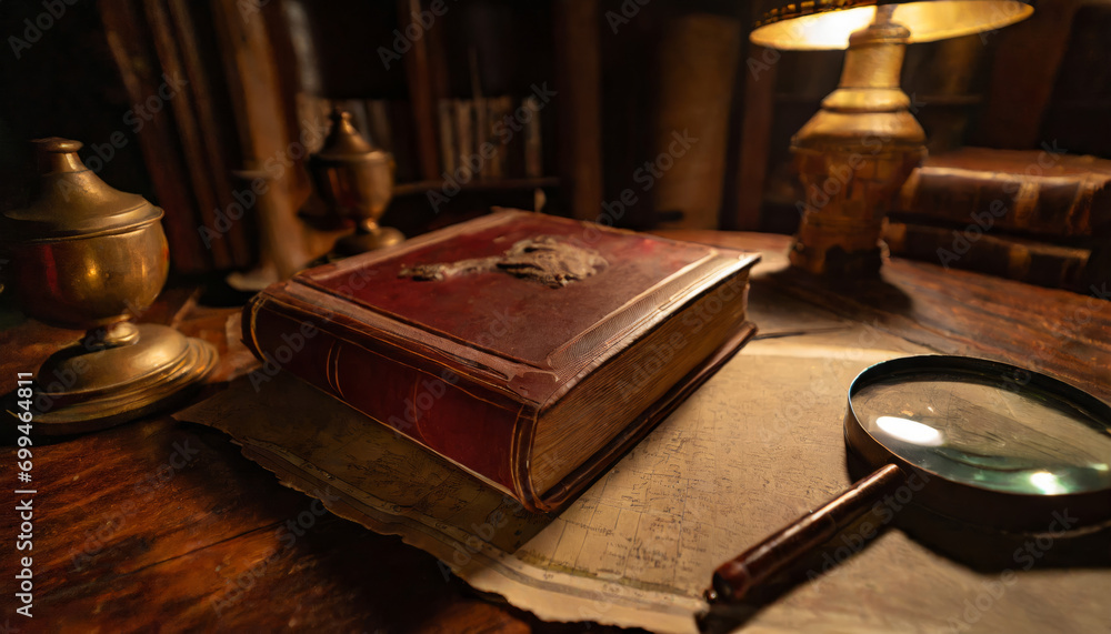 Wall mural antique book on a wooden table