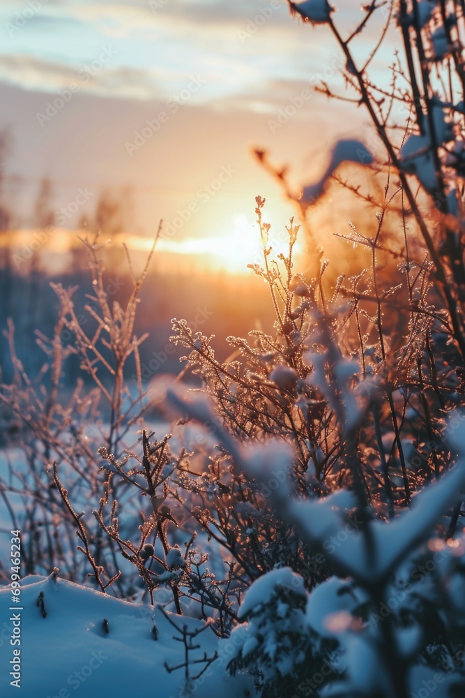 Poster a beautiful scene of the sun setting behind snow-covered trees. this image can be used to depict the