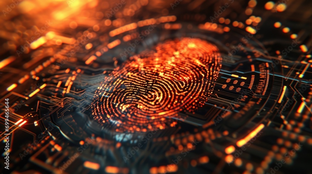 Poster A close-up view of a fingerprint on a circuit. This image can be used to represent security, technology, or biometrics