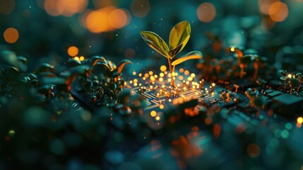 A small plant is seen sprouting out of a circuit board. This image can be used to represent growth, innovation, or the integration of nature and technology - obrazy, fototapety, plakaty