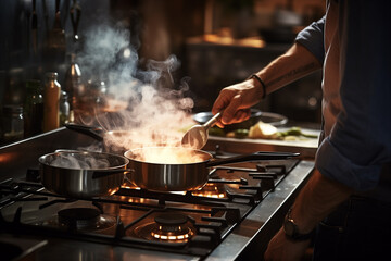man cooking on his stove in the kitchen at home - obrazy, fototapety, plakaty