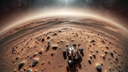 Mars-like landscape. Astronaut and Mars rover. meteorite shower. 