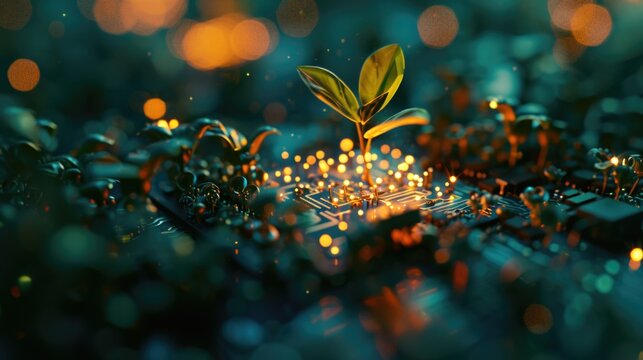 A small plant is seen sprouting out of a circuit board. This image can be used to represent growth, innovation, or the integration of nature and technology