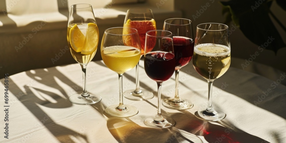 Poster wine glasses arranged neatly on a table. perfect for showcasing elegant dining setups or wine tastin