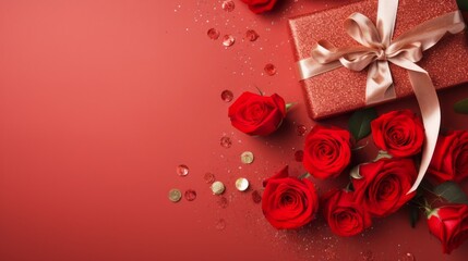 Romantic valentines day background: red roses, ribbon, bow, and hearts on glittering paper with copy space - love concept