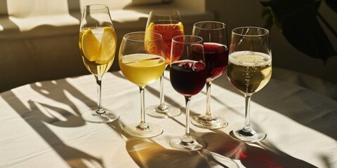 Wine glasses arranged neatly on a table. Perfect for showcasing elegant dining setups or wine tasting events