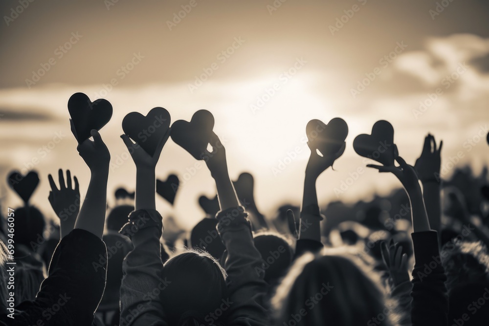 Poster a lively crowd of people with their hands raised in the air. this image can be used to depict enthus