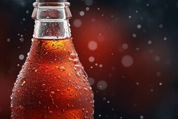 A close-up photograph of a glass soda bottle with a red cap, covered in condensation and water droplets, against a blurred background. - obrazy, fototapety, plakaty