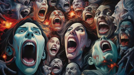 vivid artistic interpretation of outcry and despair. multiple faces screaming with powerful emotional impact suitable for creative campaigns and posters - obrazy, fototapety, plakaty