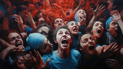 abstract representation of collective human cry. artistic illustration of screaming faces ideal for projects on social dynamics and emotional release - obrazy, fototapety, plakaty