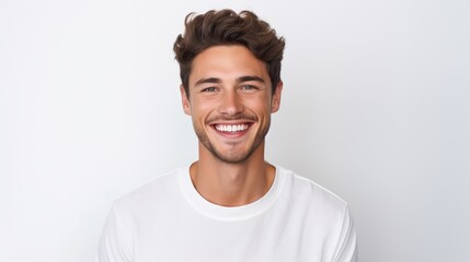 A professional portrait studio photo of a handsome young white american man model with perfect clean teeth laughing and smiling. isolated on white background - obrazy, fototapety, plakaty