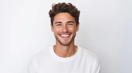 Fotobehang A professional portrait studio photo of a handsome young white american man model with perfect clean teeth laughing and smiling. isolated on white background © Zainab