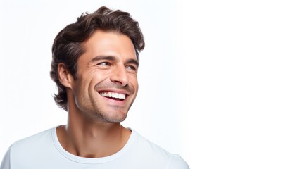 A professional portrait studio photo of a handsome young white american man model with perfect clean teeth laughing and smiling. isolated on white background