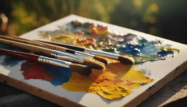 Vibrant Artistic Tools: Colorful Paintbrush and Palette for Creativity